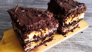 No oven! No eggs! Without rolling the dough! Delicious Chocolate Snickers Cake in 30 min (in a pan)