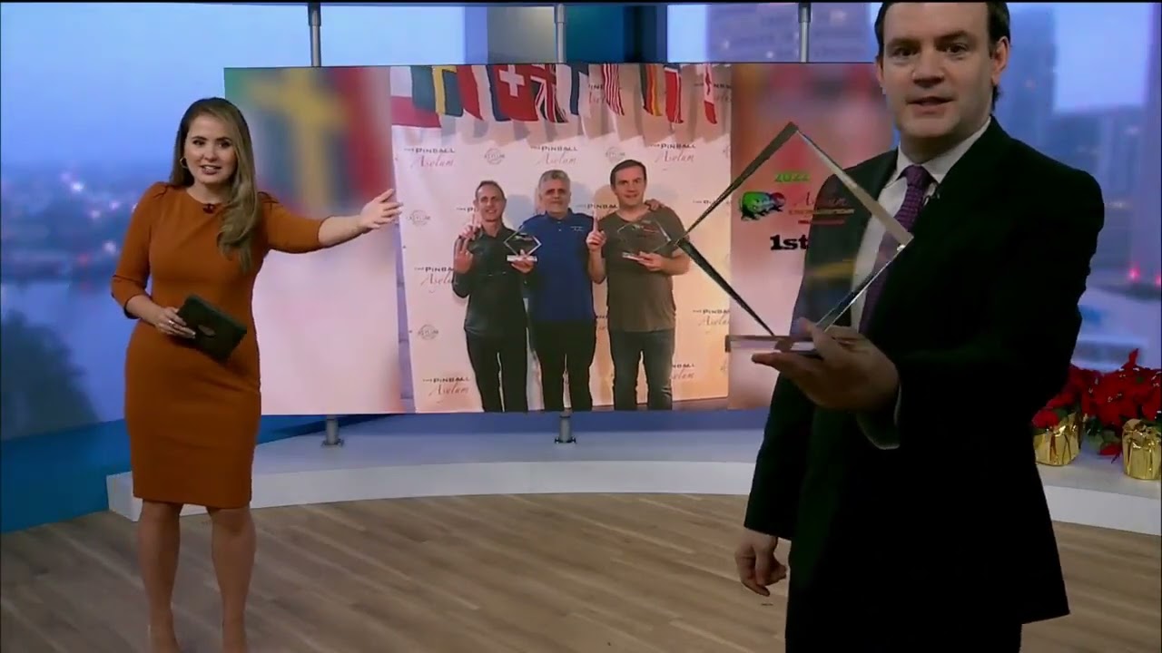 Eric Stone from The Pinball Asylum on TV-- featuring our 2023 Asylum Inmates Pinball League Trophies