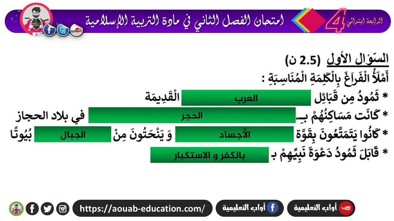 نموذج مقترح لإمتحان الفصل الثاني في مادة التربية الإسلامية مع الحل (النموذج 3) / الرابعة ابتدئي 2021