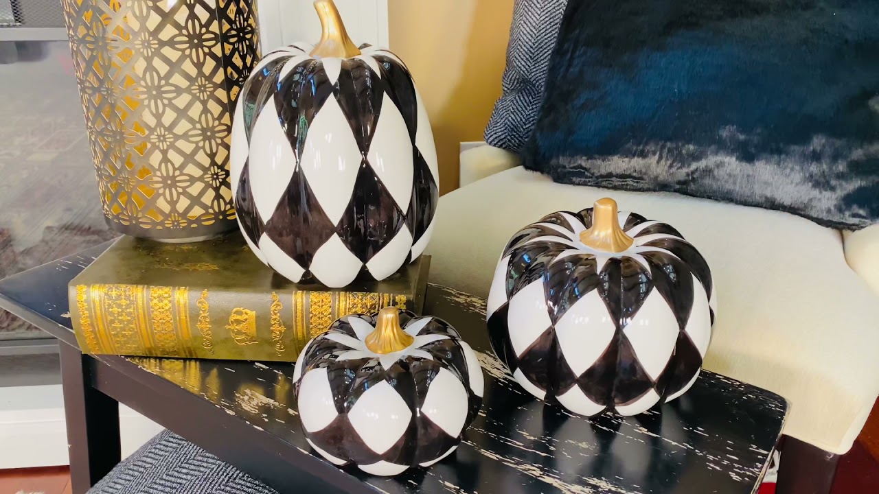 Set of 3 Ceramic Black & White Harlequin Pumpkin w/Gold Stems