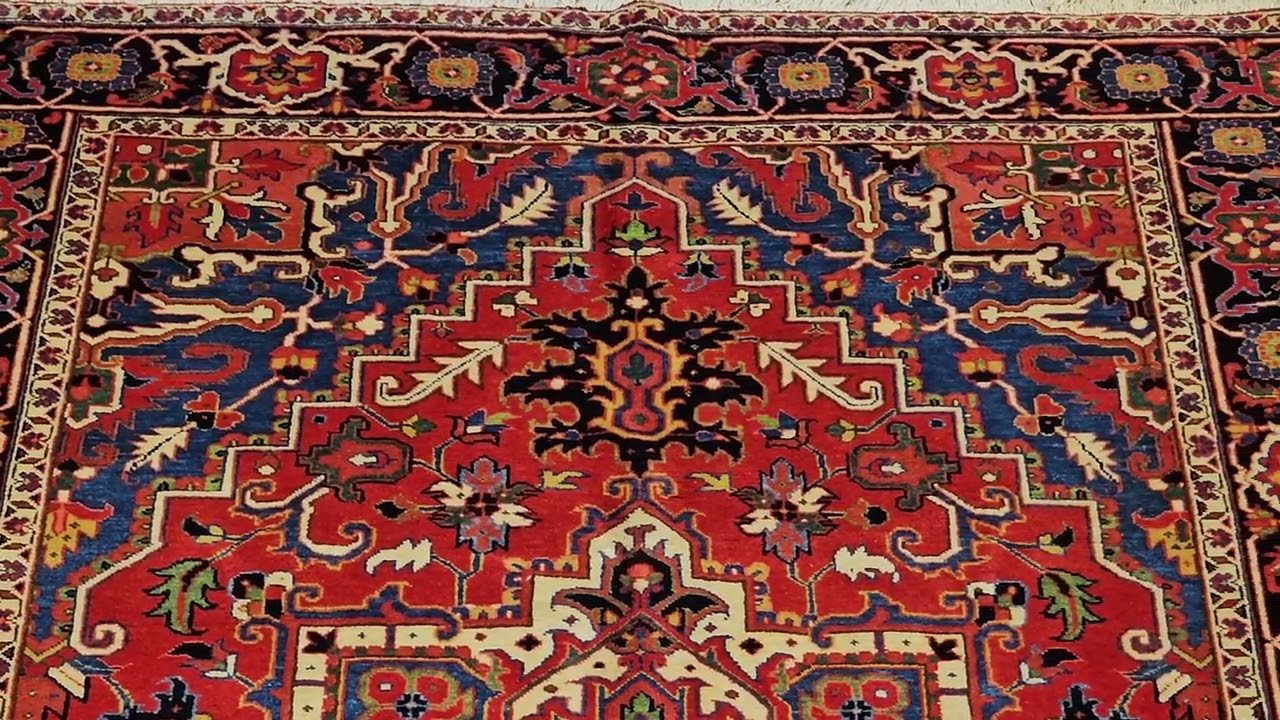 Vintage Persian Heriz Serapi in Terracotta, French Blue, Green, Ivory, 