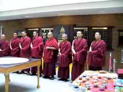 Tibetan Buddhist monks from the Drepung Loseling Monastery/Institute chanting upon the completion of a mandala sand painting at the University of Illinois at...