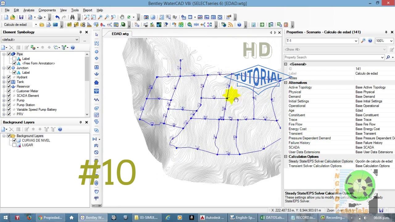Watercad Examples WaterCAD│10: CALCULO DE EDAD DE AGUA EN LA RED - YouTube