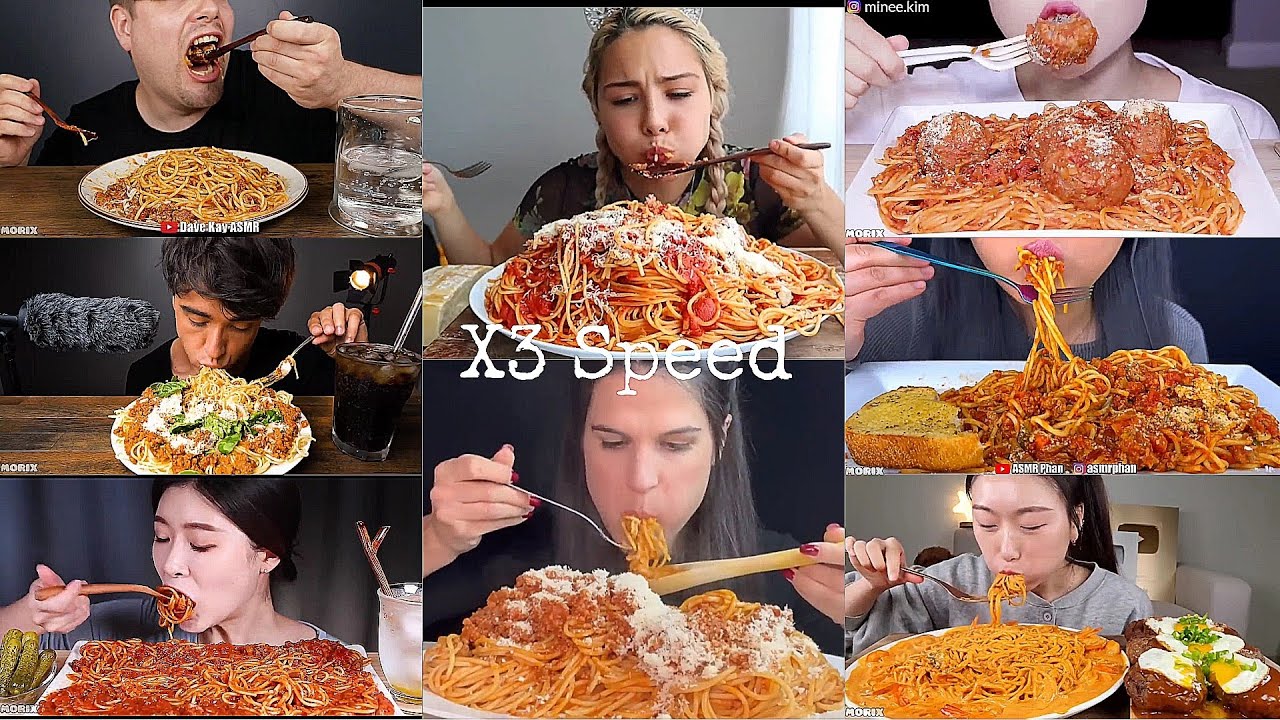 Asmr Spaghetti with tomato sauce|ASMR X3 Speed| No Talking |Crunchy Mukbang| Only Bites|Compilation 