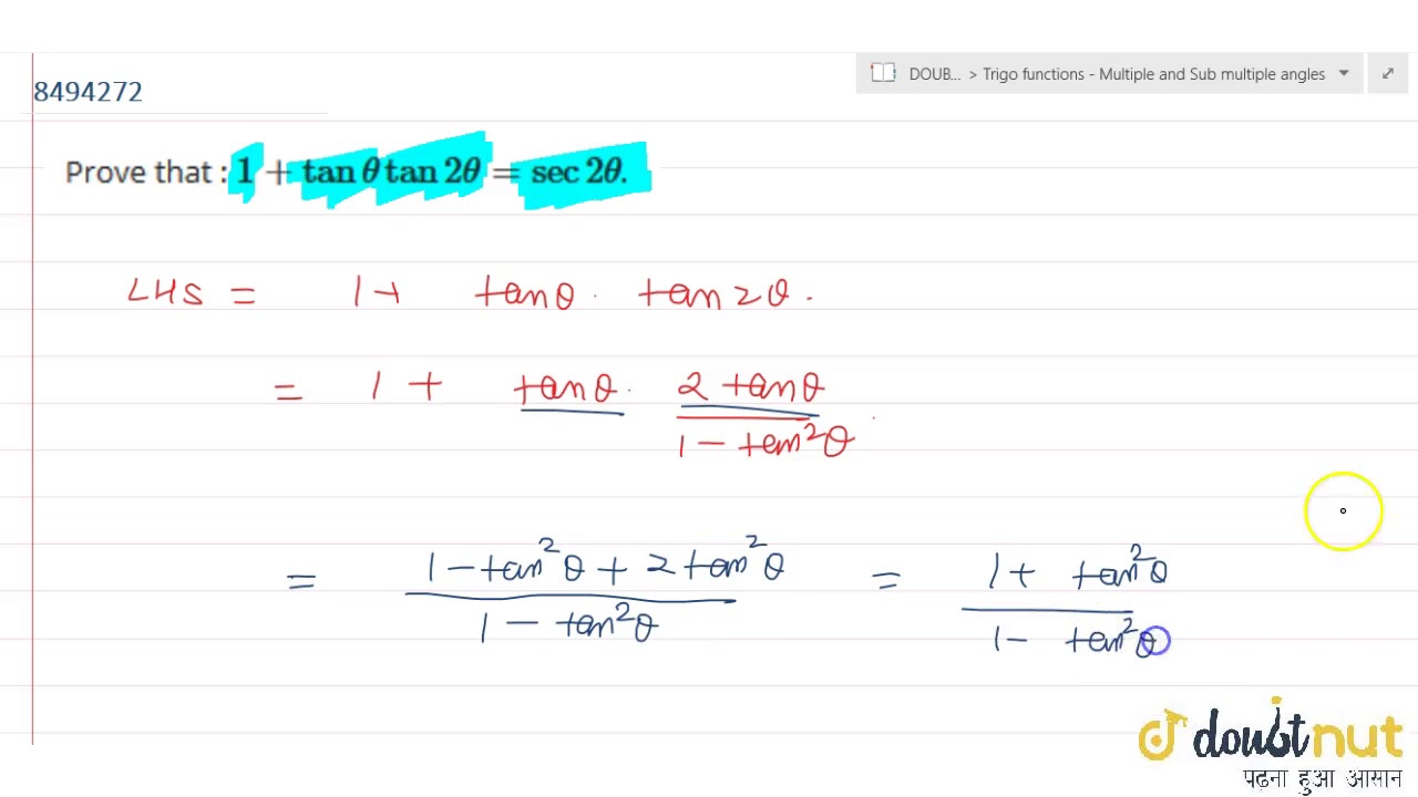 Prove That 1 Tan Theta Tan 2theta Sec 2theta Youtube