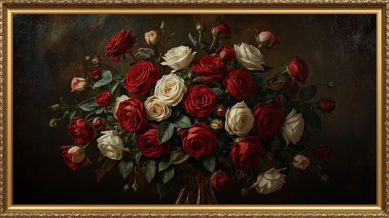 Luxurious Flower Painting in Gold Frame | Elegant Gold Framed TV Art Screensaver 4K