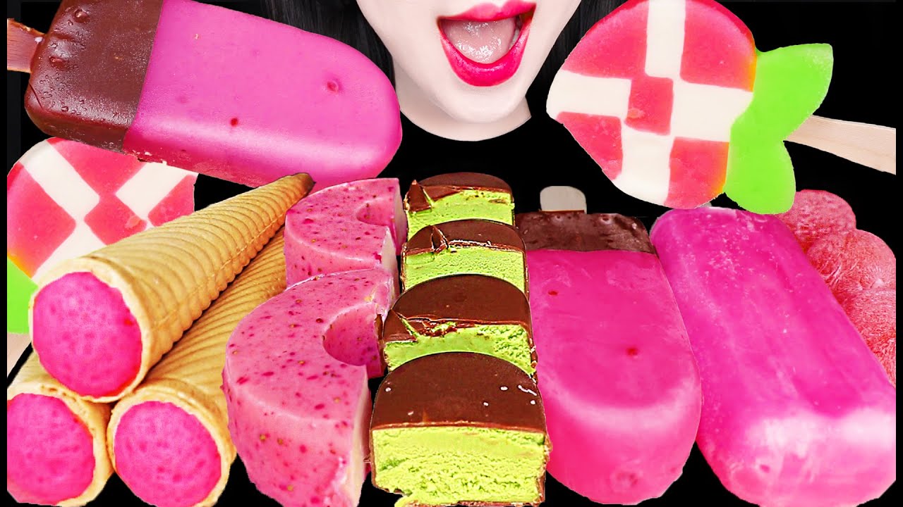 ASMR PINK CHOCOLATE ICE DESSERT 핑크 초콜릿 아이스 디저트 먹방 Mukbang, Eating