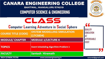 VTU SMS (17CS834) SYSTEM MODELLING & SIMULATION [Event Scheduling Algorithm-Problem 1] (M1 L4)