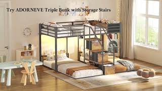 ADORNEVE Triple Bunk Bed with Storage Staircase and RGB Lights