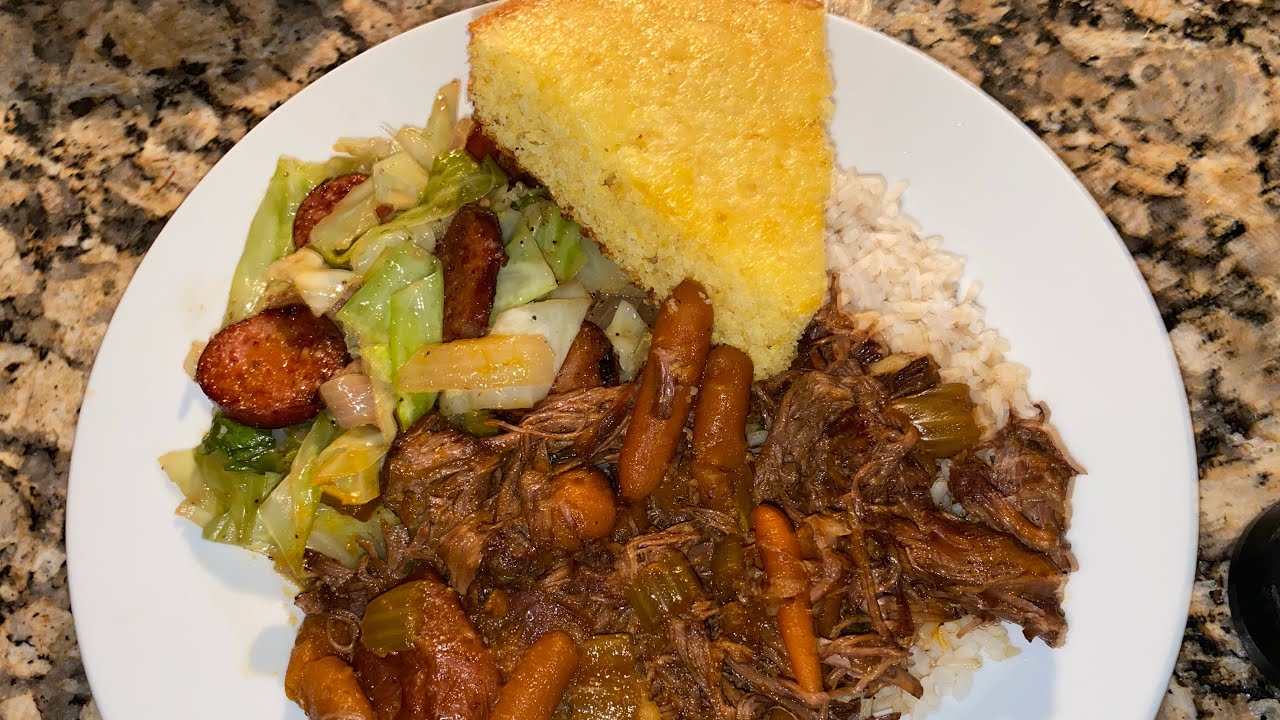 Cheap Sunday Dinner Pot Roast Fried Southern Cabbage Over Rice