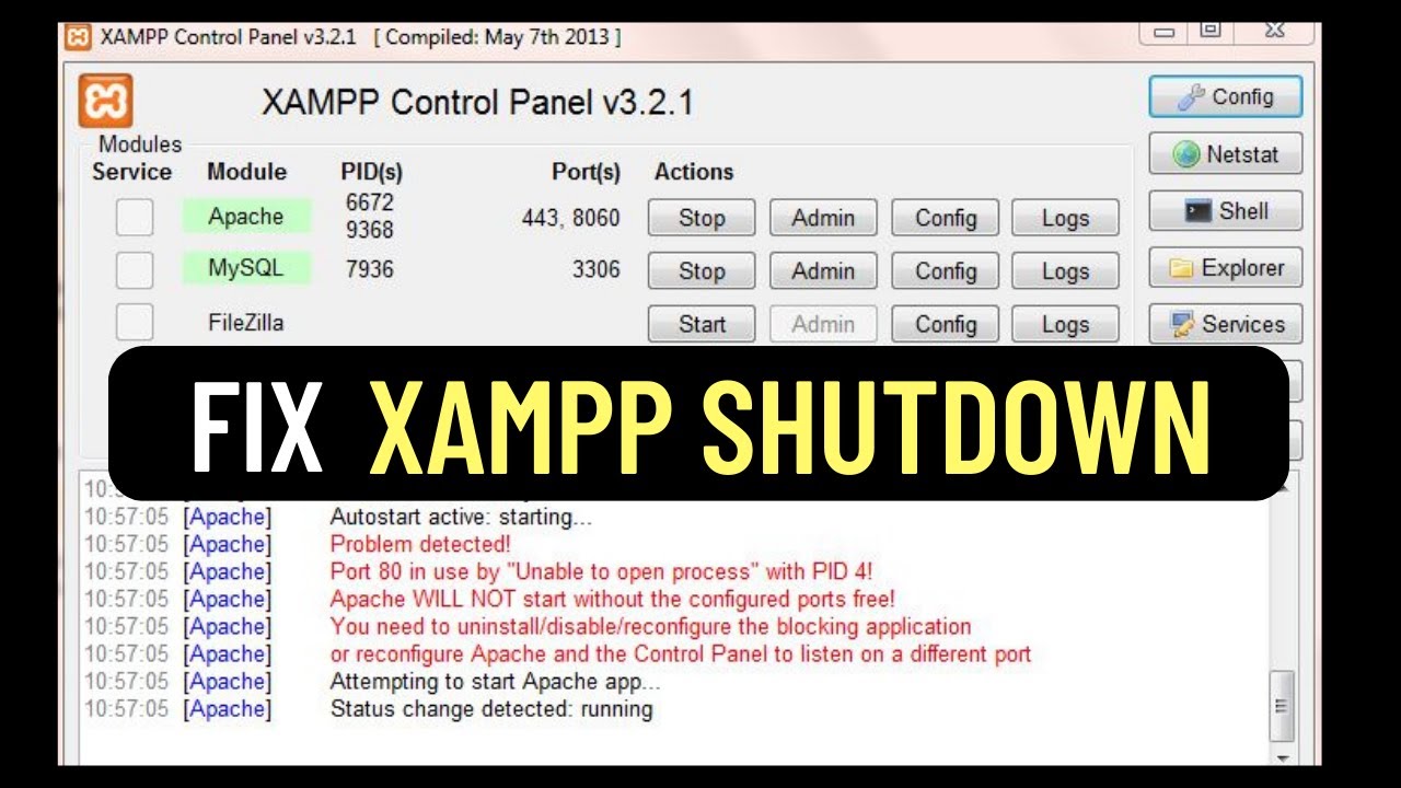 Xampp apache shutdown unexpectedly fixed youtube
