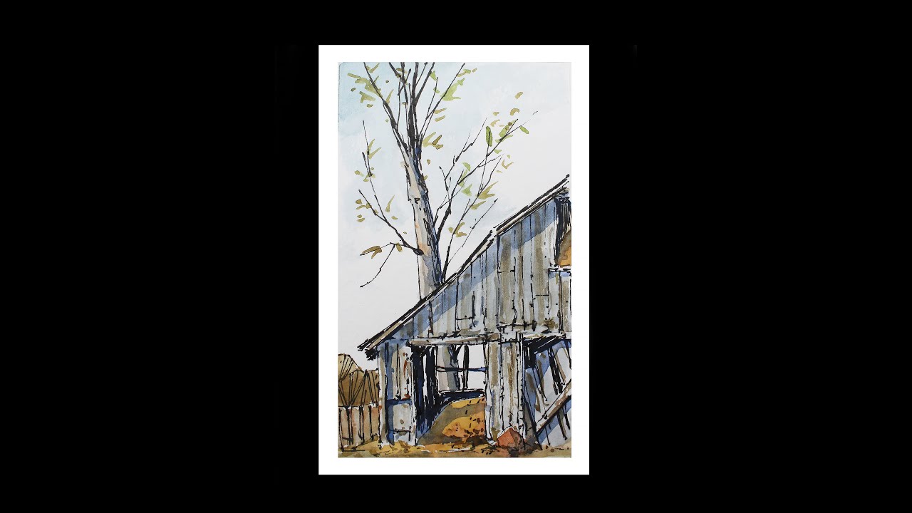 Time lapse - Barn in line and wash watercolor, crooked lines by Nil ...