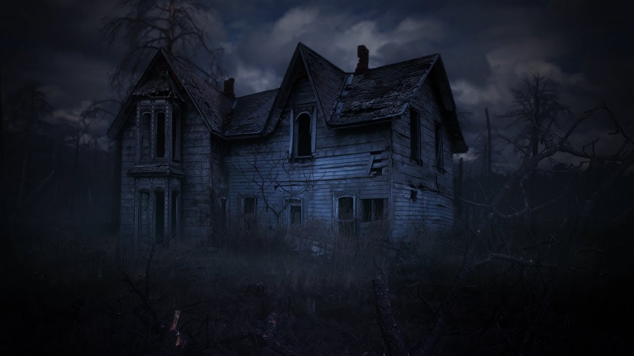Creepy house creaking in the night wind with wood creaking and wind