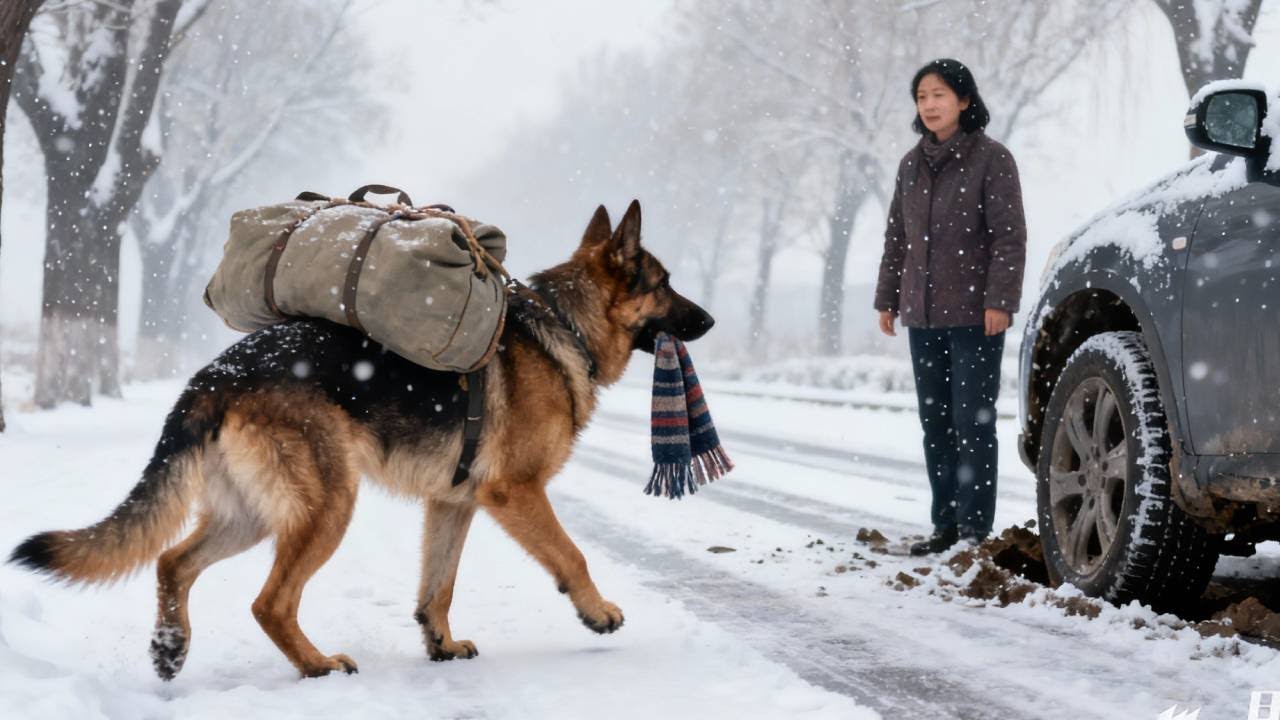 A Smart And Thoughtful Dog Helps Its Owner Carry Heavy Items On A Snowy Day.