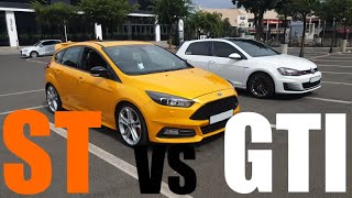 Ford Focus ST vs VW Golf 7 GTI, insane drag races and awesome review!