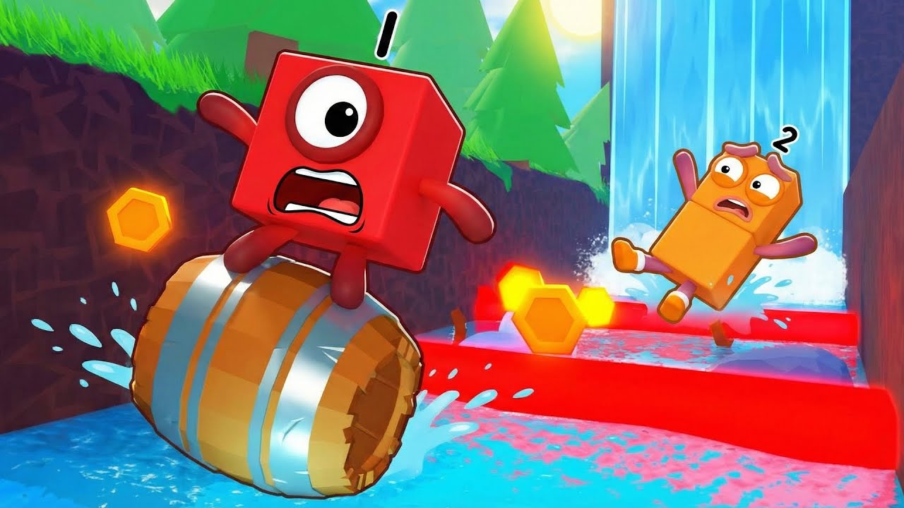 Numberblocks Play Ride a Barrel Down a Waterfall Obby in Roblox!