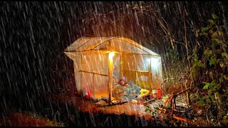 camping building a shelter out of plastic // during a heavy thunderstorm full of nonstop rain asmr