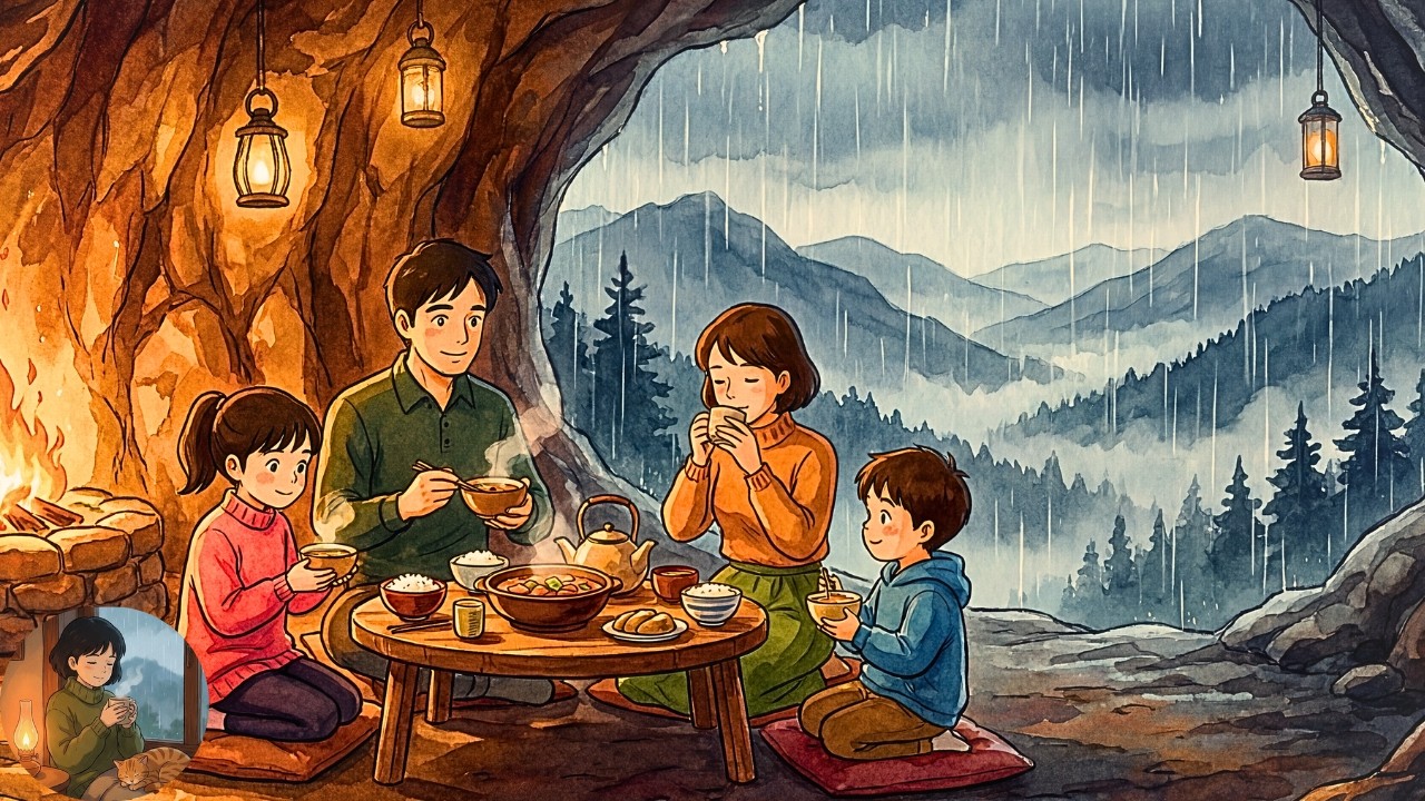 Cozy Cave Life ASMR (No Talking) – Family Dinner by the Fire in Heavy Rain | Ghibli Style