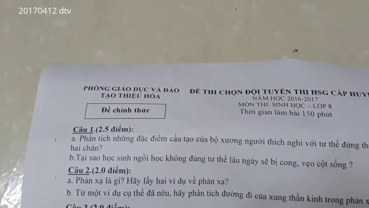 Đề thi học sinh giỏi môn sinh học lớp 9 | năm học 2016 – 2017 – đề thi hsg môn sinh học lớp 8