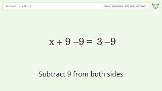 Linear equation with one unknown: Solve x+9=3 step-by-step solution