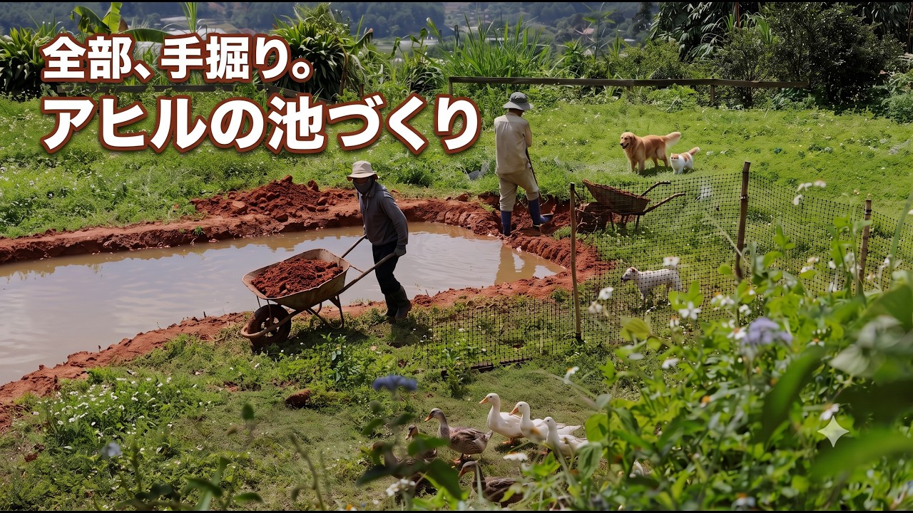 標高1500mの農園で、赤ちゃん&34匹の犬猫と自給自足を目指して|アヒルの池を手掘りで作ります