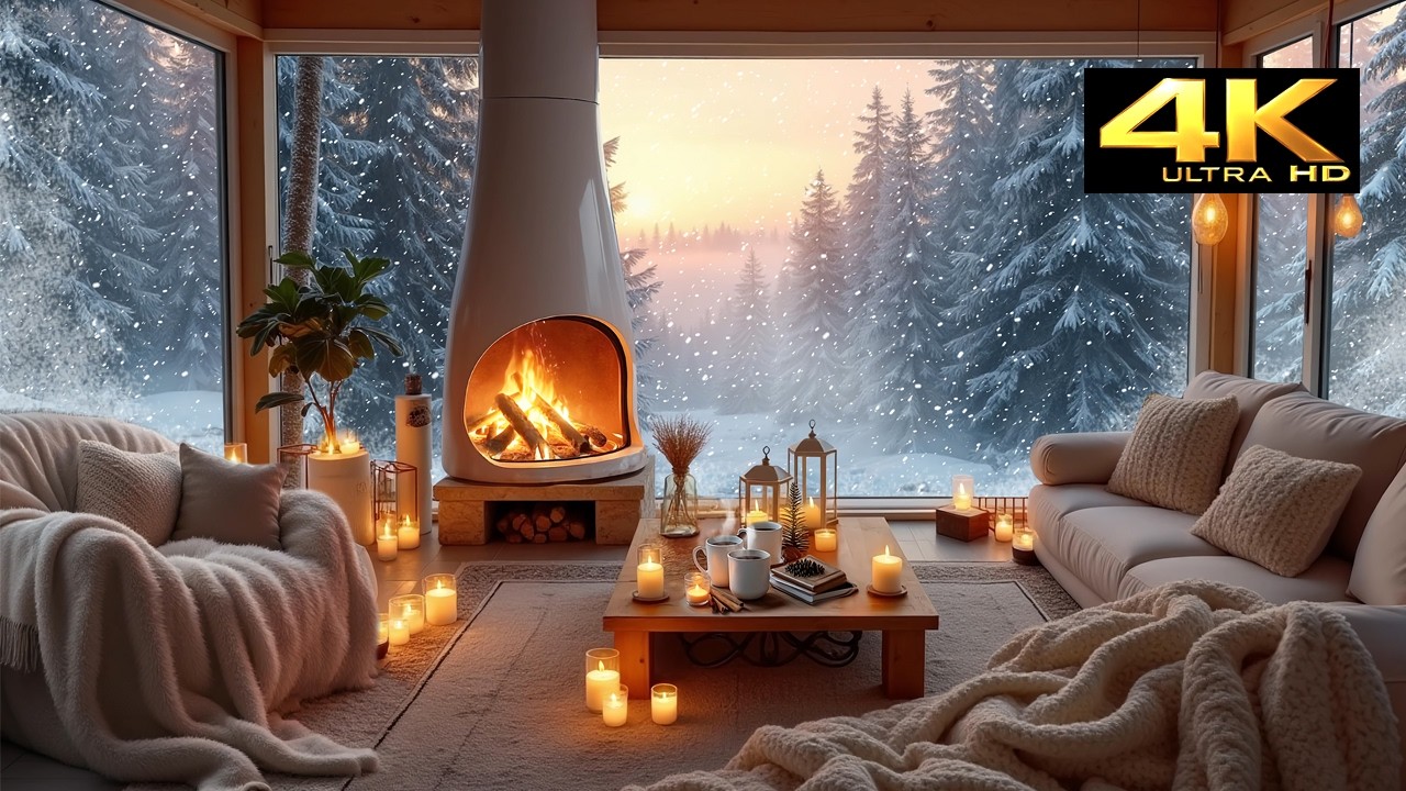 Golden Sunset in White Winter Haven ❄️🔥 Warm Fireplace & Peaceful Reading