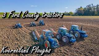 3 Ford County tractors ploughing with Kverneland Ploughs in NZ