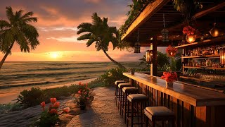 Summer beach bar ambience | Peaceful resort space overlooking the golden sunset sea | Calming sea