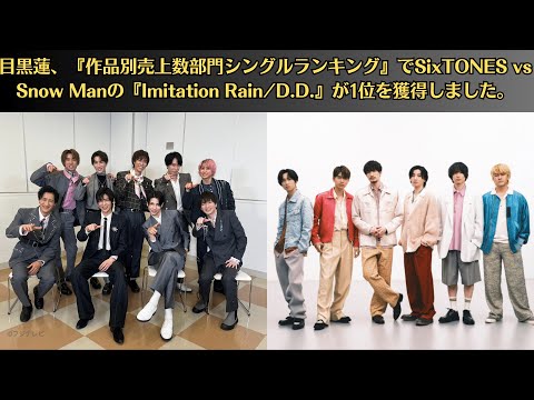 目黒蓮、『作品別売上数部門シングルランキング』でSixTONES vs Snow Manの『Imitation RainD D 』が1位を獲得しました。