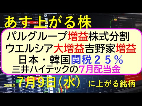 あす上がる株　2025年７月９日（水）に上がる銘柄。パルグループ増益、株式分割。ウエルシア大増益。吉野家増益。日本・韓国関税２５％。三井ハイテック配当～最新の日本株情報。高配当株の株価やデイトレ情報～