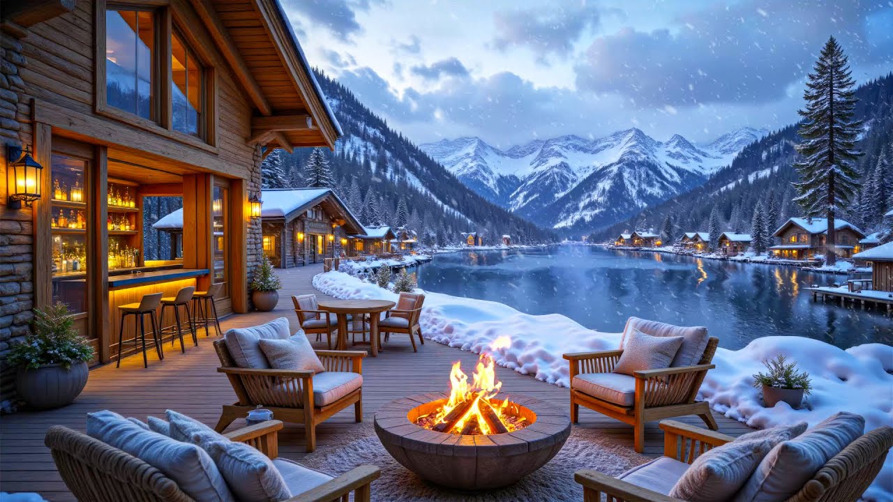 Soothing Winter Lakeside Cabin ❄️🔥 Soft Piano Music, Crackling Firepit & Falling Snow for Relaxation