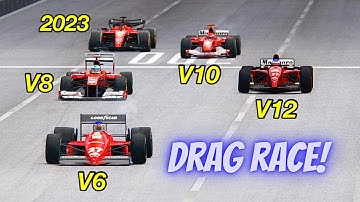 Ferrari F1 2023 vs V6, V8, V10, V12 Ferrari F1 Engine - Mega Drag Race 20 KM