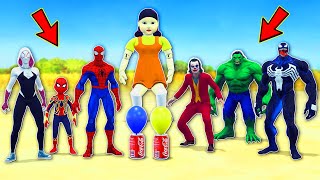 TEAM SPIDER-MAN VS Bad Guy in Squid Game - 3 Times Challenge Spiderman and Joker Venom Hulk