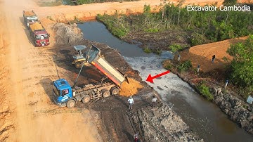 Start Project Technique Operator Skill Truck & Dozer Pushing Soil  Building New Road Into The Water