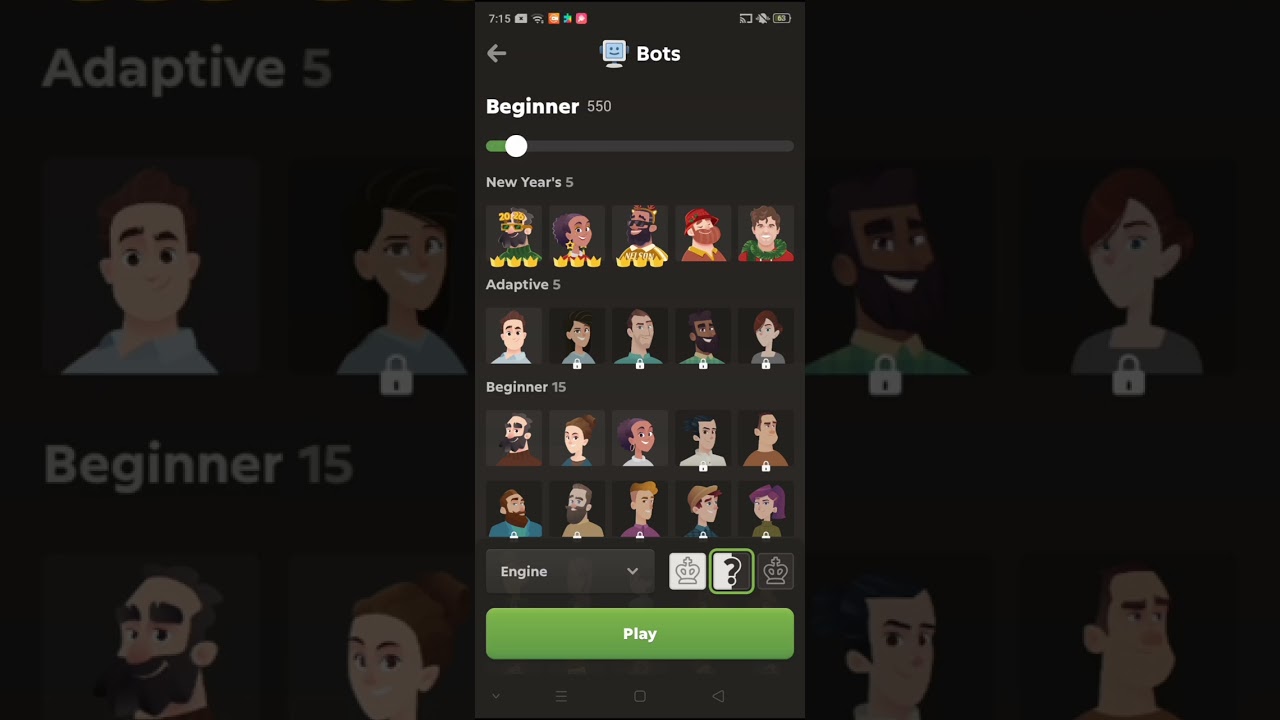 Chess.com computer bot rating ladder (250-750)