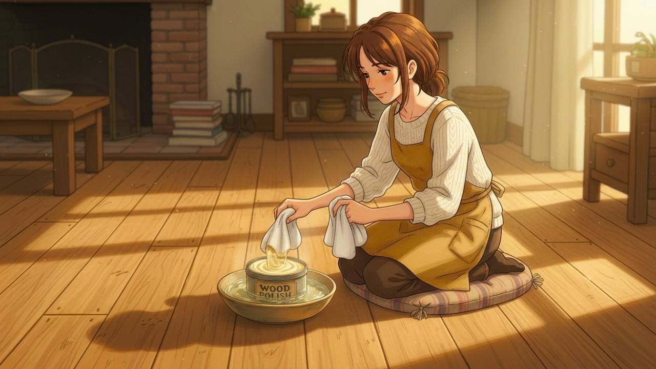 Polishing old wooden floors as the afternoon light fades | Ghibli Style ASMR