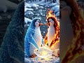 warm friendship moment, snowflakes mixing with fire sparks, emotional animated movie style #eeyore
