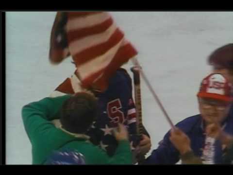 Winter Olympics, USA goalie Jim Craig victorious with USA flag