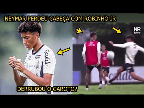 Neymar clashes with Robinho Jr. and trips the youngster during Santos training at the training ce...