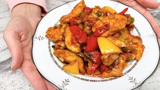 Tatlı ve ekşi soslu dolmalık biberli tavuk göğsü