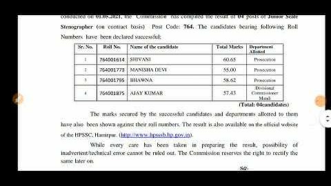 Junior Scale  Stenographer (Post Code) 764 || Hpssc Hamirpur Final result declared. ||🙏