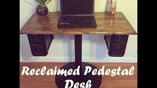 This video follows the build of a very unique piece of furniture. This desk featured a pallet-wood top, metal pedestal table stand, and 