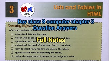 Dav class 8 computer chapter 3 question answers | List and tables in HTML | Full notes of chapter 3