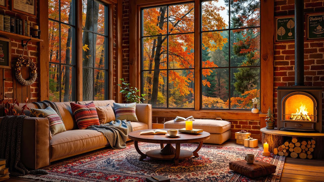 Tranquil Autumn Jazz in Cozy Cabin Ambience🔥 Crackling Fireplace Sounds ...