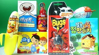 various toys, snack house, adventure time figure, spray shoot, kidball, kinder joy, bug toy