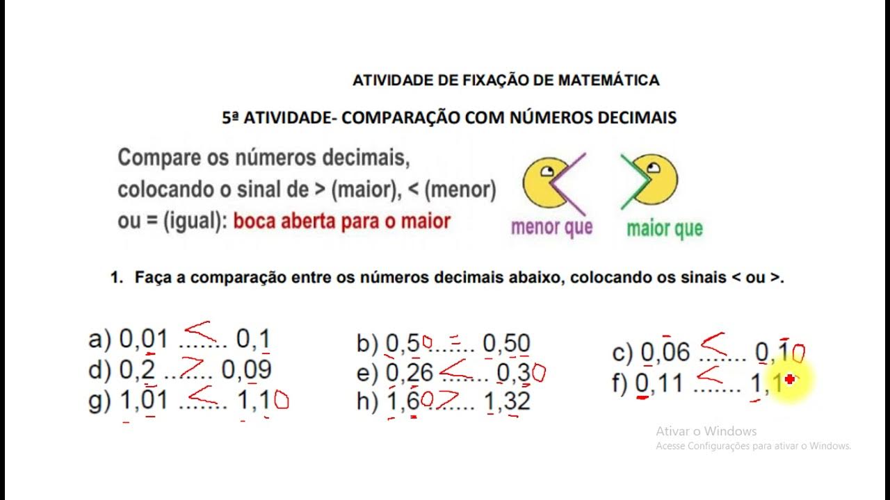 ATIVIDADE DE FIXAÇÃO DE MATEMÁTICA - Nº 5 - COMPARAÇÃO DE NUMEROS DECIMAIS  