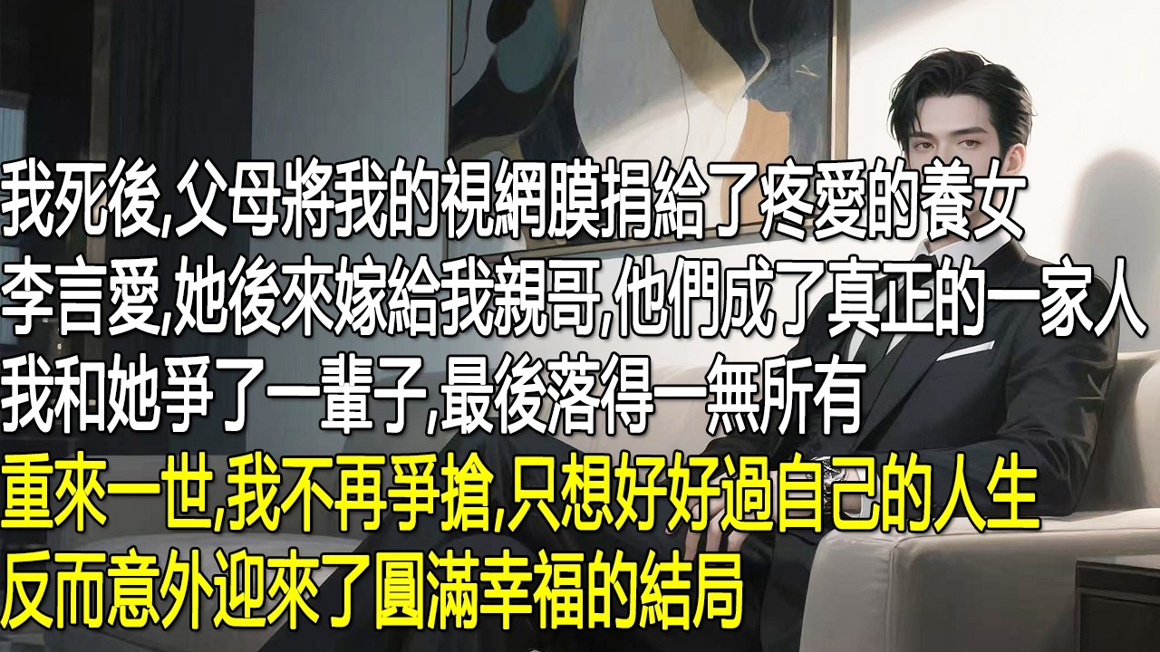 我死後,父母将我的視網膜捐給了疼受的養女李言爱,她後來嫁給我親哥,他們成了真正的一家人我和她爭了一辈子,最後落得一無所有重來一世,我不再爭搶,只想好好過自己的人生反而意外迎來了圓滿幸福的結局。