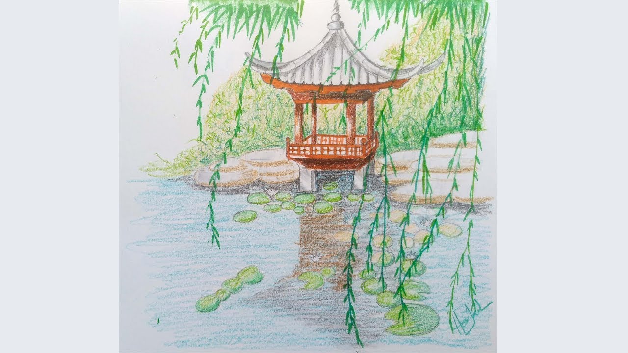 temple card nature landscape view bridge vector sketch illustration japanese  chinese oriental - Stock Image - Everypixel