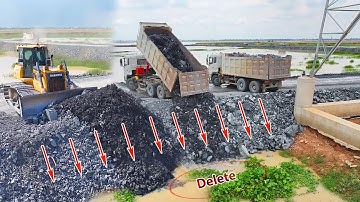 OH Nice Incredible Action Develop New Road on Big Lake by SHANTUI Dozer Pushing stone ,truck Unload