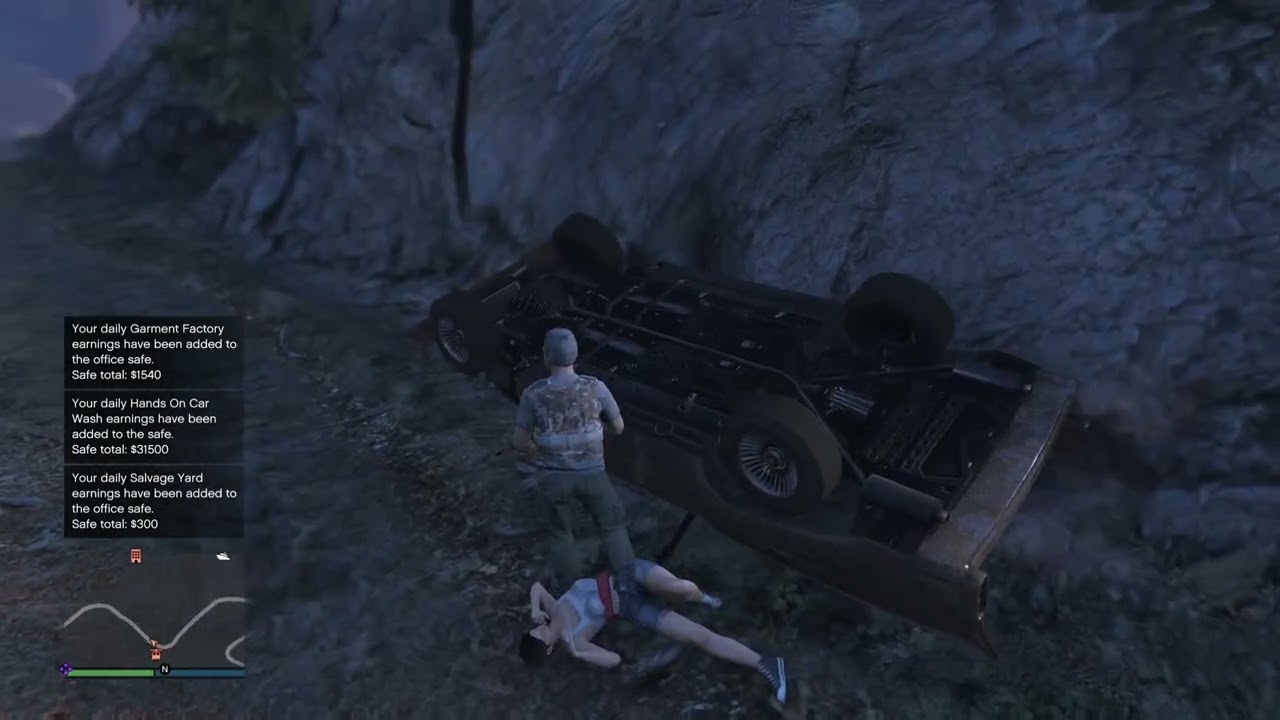 Tornado Mariachi Convertible rusted version with guitars in back seat runs off cliff